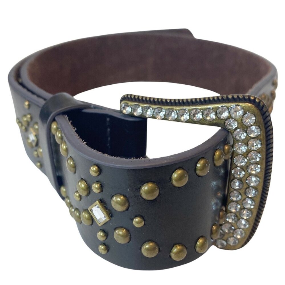 Genuine Brown Leather Metal Studded Bling Belt Buckle Boho Trendy Western 36” - Picture 2 of 7